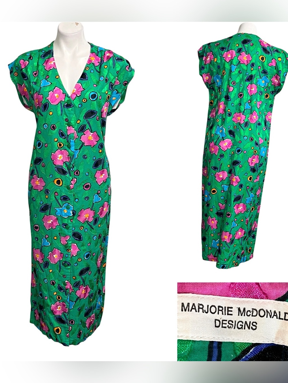 Marjorie McDonald Designs dress sz S/M handmade‎ Green Floral Maxi quiet luxury